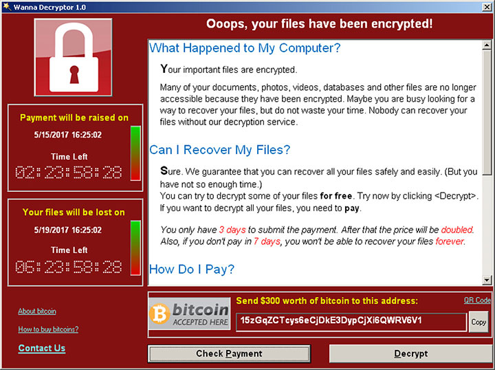 WannaCryランサムウエアが身代金を要求している画面　Courtesy of Symantec/REUTERS