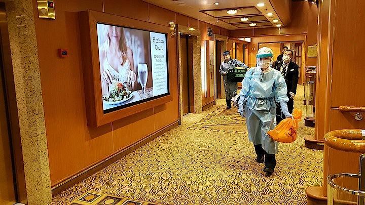 新型コロナウイルスの集団感染が発生しているクルーズ船「ダイヤモンド・プリンセス」に乗船した神戸大学医学部の岩田健太郎教授が、感染症対策の専門的な処置が取られていないなどと船内の対応を批判する動画をインターネットに投稿した。写真は船内での検疫作業。REUTERS