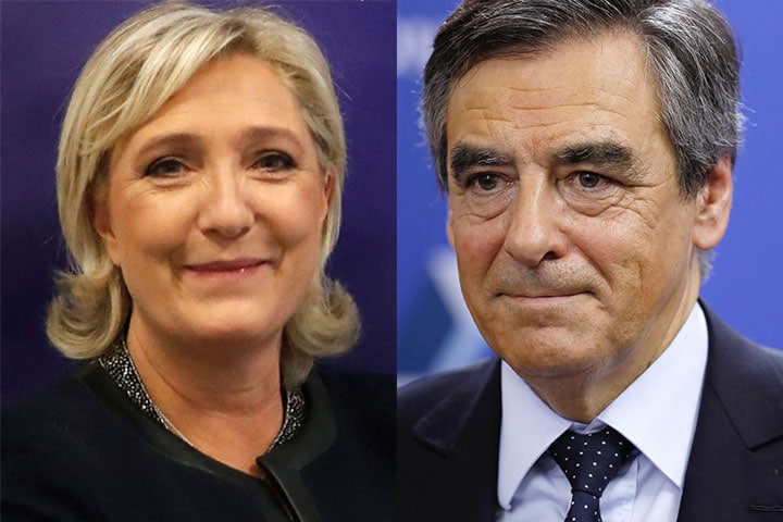 極右政党を率いるルペン（左）と大統領選を争うことになりそうなフィヨン元首相　Charles Platiau-REUTERS;Thomas Samson-REUTERS