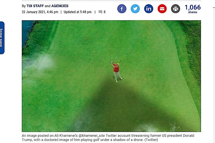 イランの最高指導者ハメネイ師に関連するウェブサイトは、トランプがドローンに狙われている画像を掲載した。画像はThe Times of Israelよりキャプチャ。