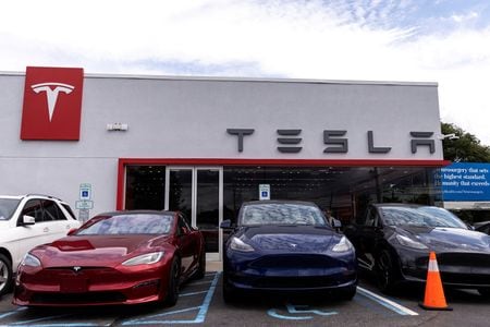 ７月２９日、米株式市場で米電気自動車（ＥＶ）テスラの株価が約６．３％上昇した。写真はニュージャージー州パラマスの同社ディーラーで２３日撮影（２０２４年　ロイター/Eduardo Munoz）