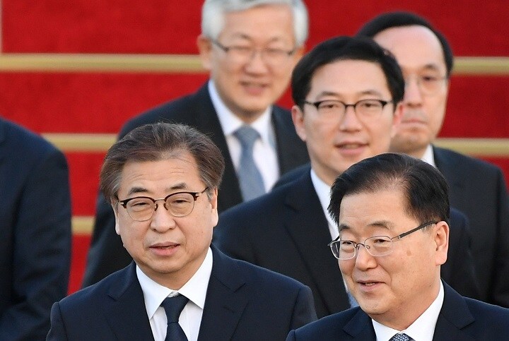 金正恩氏との面会を終え帰国した韓国大統領の特使たち（2018年3月6日）Song Kyung-Seok-REUTERS