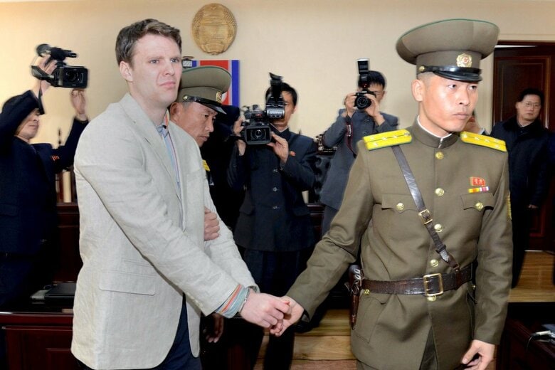 北朝鮮の最高裁判所で有罪判決を受けたオットー・ウォームビア（2016年3月）　KCNA-Reuters