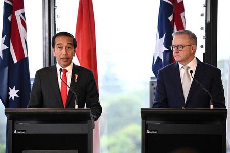 　７月４日、インドネシアのジョコ大統領（左）は、オーストラリアのアルバニージー首相とシドニーで会談し、ＥＶ用バッテリーを巡る両国の戦略的協力が優先課題だと述べた。写真は共同声明を発表する両首脳。シドニーで撮影。提供写真（２０２３年　ロイター/AAP Image/Dan Himbrechts）