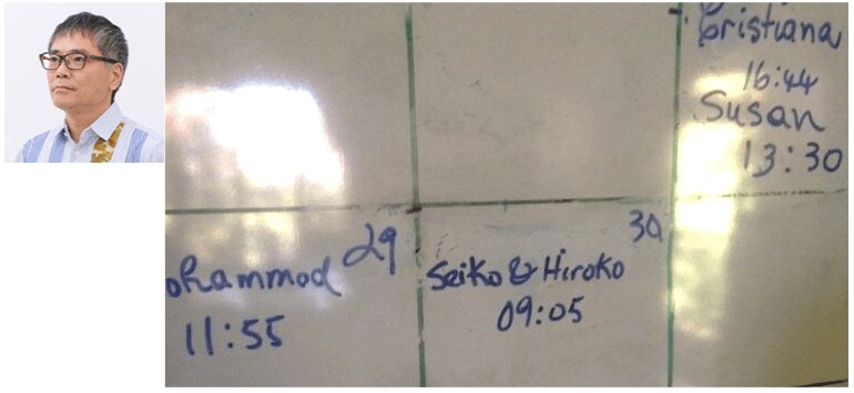 コーディネーション・オフィスの白板。今見ると一週間ずれてるけど……。