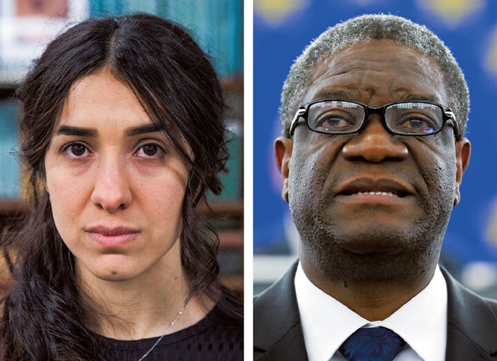 ノーベル平和賞を受賞したイラクの活動家ムラド（左）とコンゴの医師ムクウェゲ　Lucas Jackson-REUTERS, Vincent Kessler-REUTERS