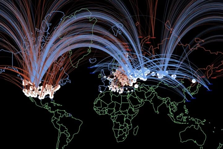 一発の戦術核の応酬があっという間に世界全面核戦争に広がった（「PLAN A」nuclear war simulation よりキャプチャ）