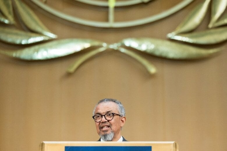 世界保健機関（ＷＨＯ）のテドロス事務局長。5月18日、スイス・ジュネーブで撮影。 REUTERS/Pierre Albouy