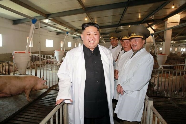 ４月２３日、北朝鮮の朝鮮労働党機関紙「労働新聞」は、「朝鮮人民軍は米原子力空母を一撃で沈める用意がある」と伝えた。写真は養豚場を視察する金正恩朝鮮労働党委員長。ＫＣＮＡ提供（２０１７年　ロイター）