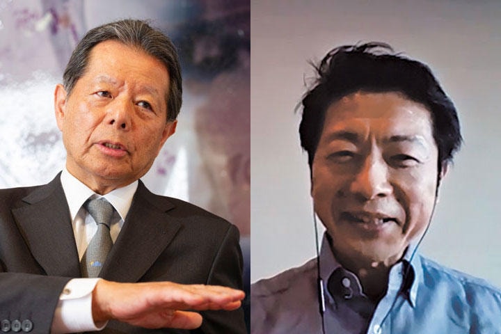 船橋洋一アジア・パシフィック・イニシアティブ理事長（左）と國井修グローバルファンド戦略投資効果局長（右）　©Seiichi Otsuka, Newsweek Japan