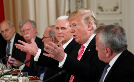 　４月１８日、トランプ米大統領は、北朝鮮が非核化するまで最大限の圧力をかけ続けると表明した。（２０１８年　ロイター/Kevin Lamarque）