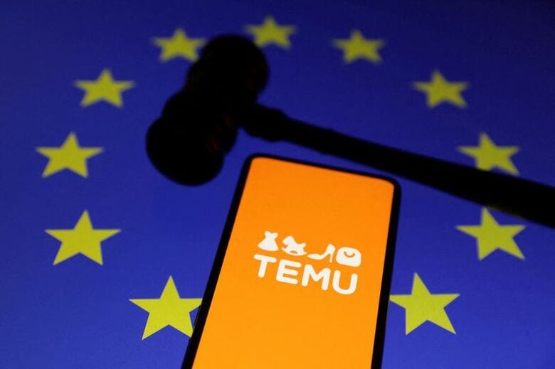 TemuのロゴとEU旗。2024年11月4日撮影のイメージ写真。REUTERS/Dado Ruvic/Illustration