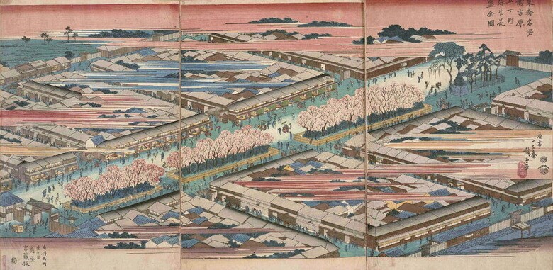 東都名所新吉原五丁町弥生花盛全図（とうとめいしょ しんよしわら　ごちょうまちやよいはなざかりぜんず）歌川広重画　 天保（1830～44）頃　東京都立中央図書館蔵：蔦屋重三郎が活躍した頃からやや時代が下った、天保期の吉原の様子を俯瞰して描いた作品。桜並木の美しい仲之町をメインストリートとして、画面左下の大門から、手前側に江戸町一丁目、揚屋町、京町一丁目、奥側に江戸町二丁目、角町、京町二丁目と続く。