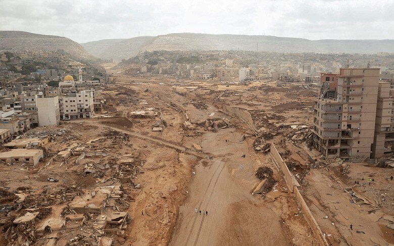 洪水で壊滅的な被害を受けたデルナの市街地（9月18日）　Ayman Al-Sahili-REUTERS