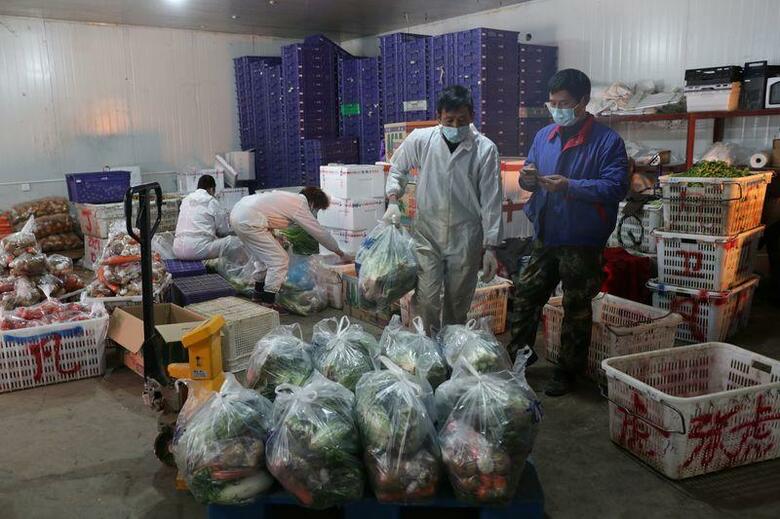 ２月２０日、中国湖北省の保健当局は、新型コロナウイルスの新たな感染者が１９日は３４９人だったと明らかにした。写真は１９日、湖北省武漢の野菜市場で働く人々。提供写真（２０２０年　ロイター/China Daily）