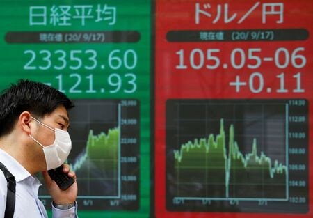 前場の東京株式市場で、日経平均は前営業日比１３９円９７銭安の２万３２２０円３３銭となり、反落した。写真は株価と為替を表示する電子ボードの前を歩く男性。都内で17日撮影。（2020年  ロイター/Issei Kato ）