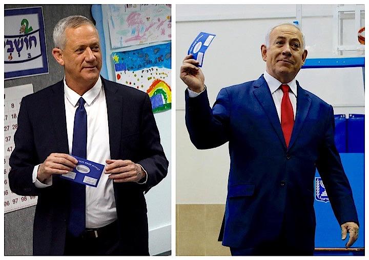 イスラエル総選挙は、現職のネタニヤフ首相（右）と新顔のガンツ元軍参謀総長（左）がいずれも勝利を宣言したが、出口調査や現時点の開票結果によると、ネタニヤフ氏の５期目続投となる見通しだ。エルサレムの投票所で撮影（２０１９年　ロイター／NIR ELIAS）