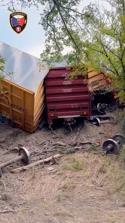 　８月１２日、米鉄道大手ユニオン・パシフィックはテキサス州ゴードン近郊で列車が脱線したと発表した。写真は脱線したユニオン・パシフィックの列車。米テキサス州グラフォードで１２日撮影。Palo Pinto County ESD1提供（２０２５年　ロイター）