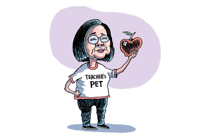 TEACHER’S PET＝先生のお気に入り（アメリカではリンゴは先生への代表的な贈り物）　ILLUSTRATION BY ROB ROGERS FOR NEWSWEEK JAPAN