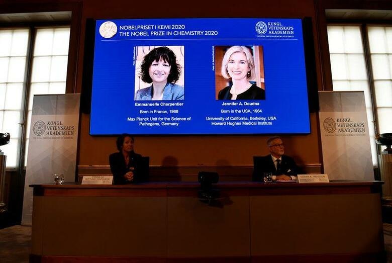 スウェーデン王立科学アカデミーは7日、2020年のノーベル化学賞を、遺伝子を改変する「はさみ」を開発し、がんの新たな治療に貢献したほか、遺伝性疾患の治療の可能性を見いだした女性研究者2人に授与すると発表した(2020年　ロイター/TT NEWS AGENCY)