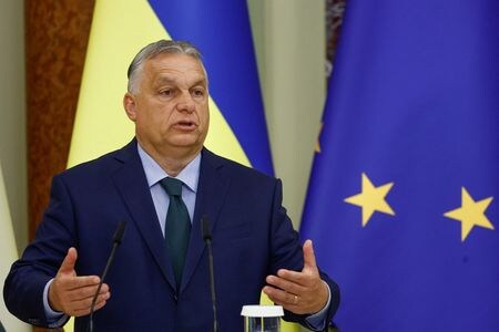 　ハンガリーのオルバン首相は５日、ロシアのプーチン大統領と会談するため空路でモスクワ入りした。ロシア国営タス通信が同首相の報道官の話として伝えた。ウクライナ・キーウで２日撮影（２０２４年　ロイター／Valentyn Ogirenko）