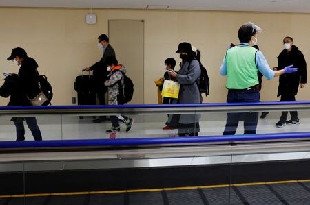 　１月１０日、中国外務省は、新型コロナウイルスの感染防止策について、事実と科学に基づいたものにするよう関係各国に求めた。写真は成田空港に到着した人々。８日撮影（２０２３年　ロイター/Kim Kyung-Hoon）