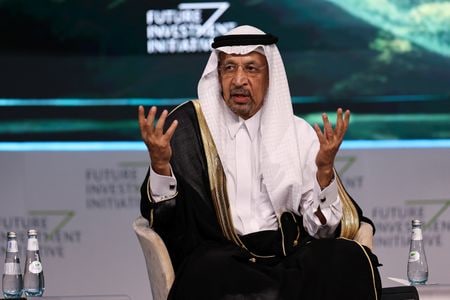 サウジアラビアのファリハ投資相は１０月２６日、同国の脱石油改革「ビジョン２０３０」について、２０２４年末時点で目標の８５％が完了または順調に進んでいると述べた。２０２４年１０月、リヤドで撮影（２０２５年　ロイター/Hamad I Mohammed）