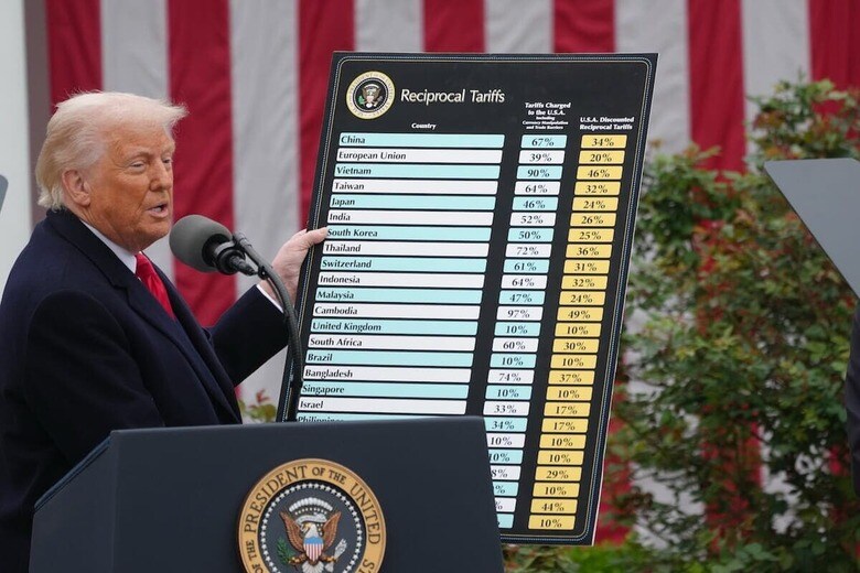 多くの国に相互関税を課す大統領令に署名したトランプ。写真はその税率表（4月3日、ホワイトハウス）Andrew Leyden via Reuters Connect