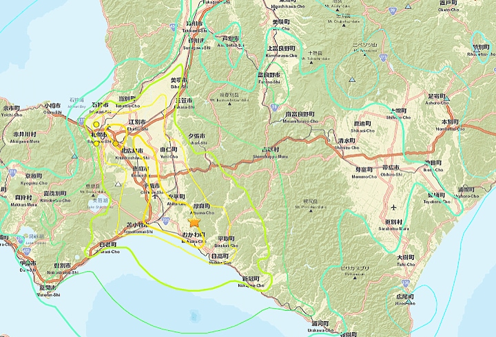 6日未明に北海道胆振地方で発生した地震の震源と地震の強さ　(c) USGS
