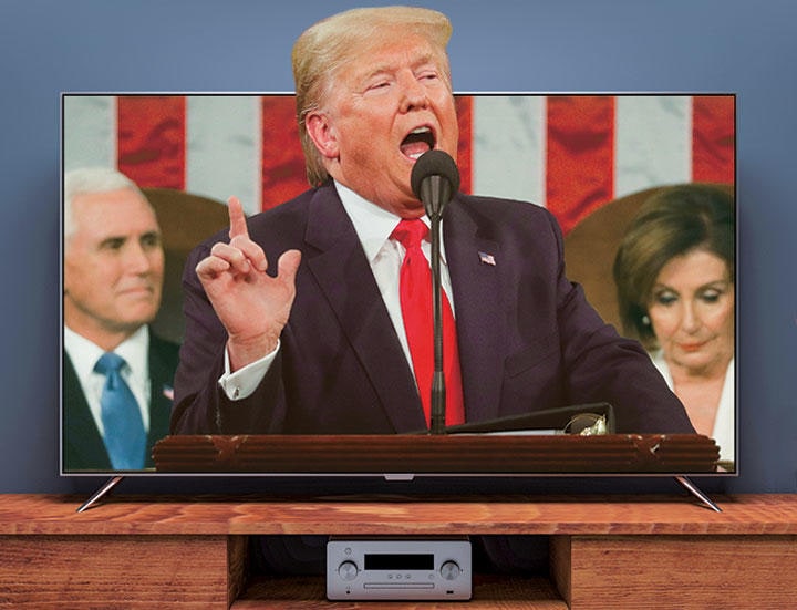 LEAH MILLIS-REUTERS(TRUMP), CUSTOMDESIGNER/ISTOCKPHOTO(TELEVISION SET)