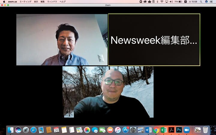 スイス・ジュネーブ在住の國井（左上）と西浦（背景は写真）がZoomで対談（5月26日）