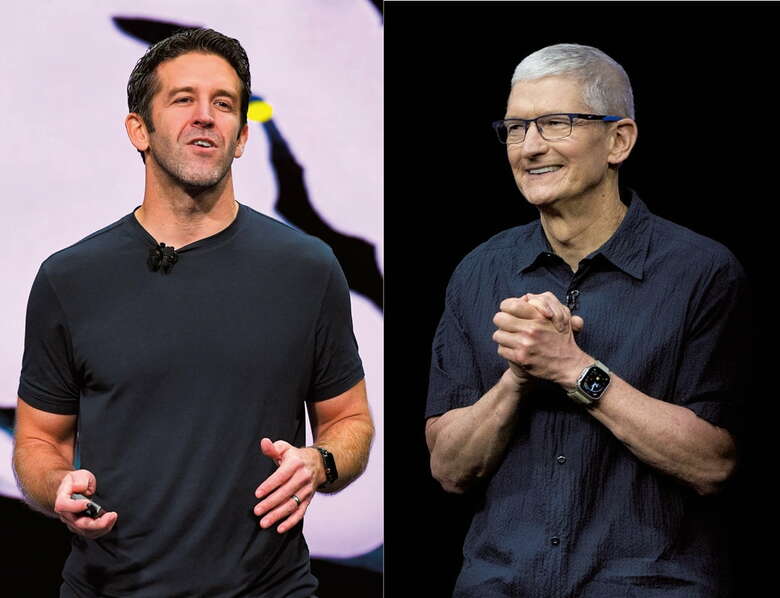 ティム・クック（右）の後継となるジョン・ターナスは新製品の開発に重点を置くのか　USA TODAY-REUTERS (LEFT), MANUEL ORBEGOZO-REUTERS