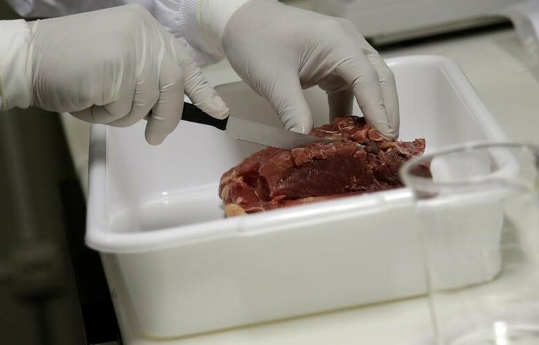 ３月２０日、ブラジルの食肉加工業者が検査官に賄賂を贈り、傷んだ肉を出荷していた問題は、中国と欧州連合（ＥＵ）、韓国、チリがブラジル産食肉の輸入停止に踏み切り、影響が拡大している。写真は獣医師によって分析される肉。リオデジャネイロで撮影（２０１７年　ロイター／Ricardo Moraes）
