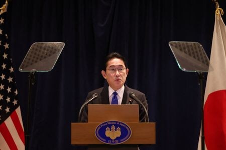 　１月１４日（現地時間）、岸田文雄首相は訪問先のワシントンで記者会見し、外遊中に会談した主要７カ国（Ｇ７）首脳と、対ロ制裁およびウクライナ支援の継続を確認したと述べた（２０２３年　ロイター／Julia Nikhinson）