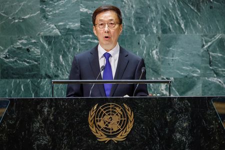 中国の韓正国家副主席は国連総会の一般討論演説で、中国を世界に一段と開放すると表明した。国営の新華社が２１日夜に報じた。写真は９月２１日、ニューヨークの国連本部で撮影（２０２３年　ロイター/Eduardo Munoz）