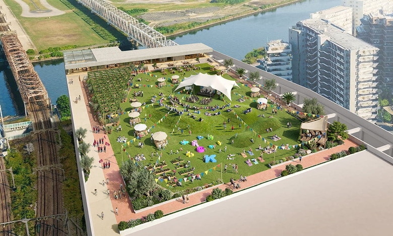 新アリーナの屋上に整備されるルーフトップパークのイメージビジュアル　画像提供：DeNA / 京急電鉄