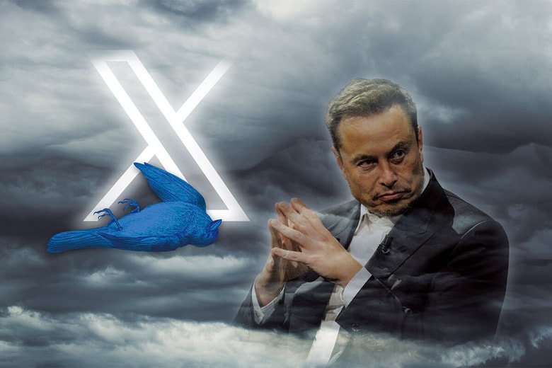 マスク率いるXは投稿の監視も広告も、ニュース提供も問題だらけ    PHOTO ILLUSTRATION BY YUKAKO NUMAZAWAｰNEWSWEEK JAPAN; SOURCE IMAGES: NATHAN LAINEｰBLOOMBERG/GETTY IMAGES (MUSK), SHAUNL/ISTOCK (CLOUD), ILLUSTRATION BY DUNCAN1890/ISTOCK (BIRD)