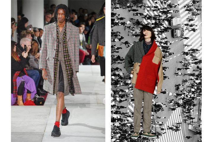 コム デ ギャルソン・オム プリュス （左写真、2020/21コレクションより）、kolor（カラー、右写真）など一部の国産メンズ・ファッション・ブランドは売り上げ好調だ