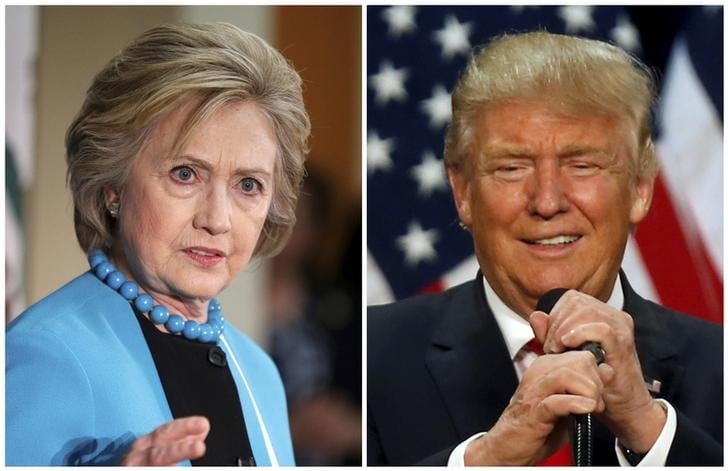 　７月５日、ロイター／イプソスが実施した最新の世論調査によると、米大統領選で民主党候補の指名獲得を確実にしたヒラリー・クリントン氏（左）の支持率は４６％となり、共和党候補の指名が確実なドナルド・トランプ氏（右）を１３ポイント引き離し、前回調査からリードを広げた。５月撮影（２０１６年　ロイター／Lucy Nicholson (L) and Jim Urquhart）