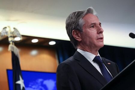 　ブリンケン米国務長官（写真）は３日、ウクライナ国境付近におけるロシア軍の集結について、北大西洋条約機構（ＮＡＴＯ）に加盟する中東欧９カ国と協議した。２０２１年１２月代表撮影（２０２２年　ロイター/Evelyn Hockstein）