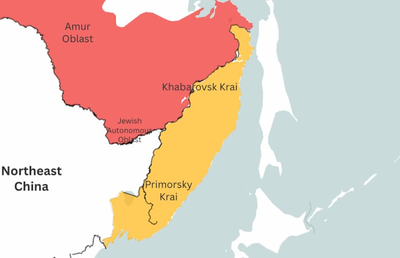4200キロの国境を接する中国とロシアは実は一触即発。とくに19世紀に清がロシアに割譲した要衝をめぐる疑心暗鬼は深まるばかり　Source: OpenStreetMap, Central Intelligence Agency/Newsweek