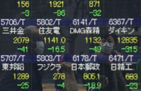 　３月１８日、東京株式市場で日経平均は反落。写真は都内で１０日撮影（２０２０年　ロイター／STOYAN NENOV）