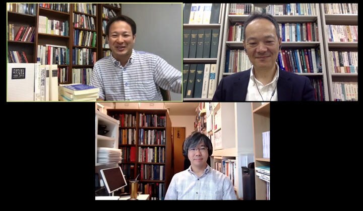 Zoomで行われた放送「安倍政権後の政治改革論」より、池内恵・東京大学教授、待鳥聡史・京都大学教授、細谷雄一・慶応義塾大学教授（左上から時計回りに）　国際政治チャンネル