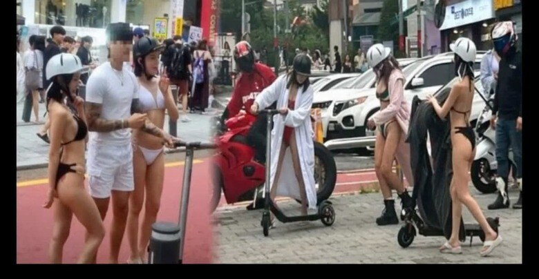 韓国ソウルの繁華街に電動キックボードで突如現れたビキニ姿の美女たち。　모두이슈 TV / YouTube