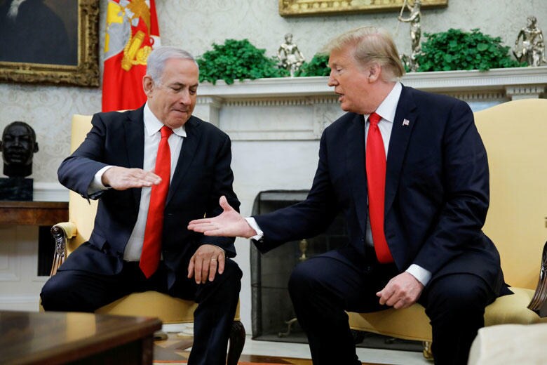 3月にホワイトハウスで会談をしたトランプ米大統領とイスラエルのネタニヤフ首相　Carlos Barria-REUTERS