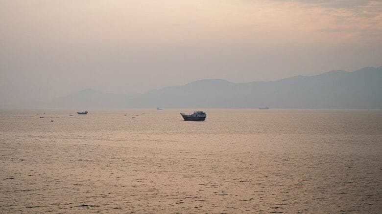 ホルムズ海峡を航行する船舶。オマーン・ムサンダムから２１日撮影。REUTERS/Stringer