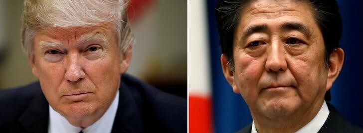 ４月２４日、安倍晋三首相（写真右）とトランプ米大統領（写真左）は２４日午前（日本時間）に電話会談し、北朝鮮に挑発行為の自制を強く求めることで一致した。トランプ大統領の写真はワシントンで今年３月、安倍首相の写真は都内で２０１４年１１月撮影（２０１７年　ロイター／Kevin Lamarque／Toru Hanai）