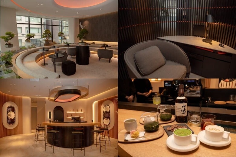 会員限定ラウンジ「glo Lounge（グローラウンジ）」を含む「glo ストア 銀座」2階フロア。盆栽アートを配したシーティングエリアや半個室空間、バーカウンターなど、ブランドの世界観を体感できる滞在型空間が広がる
