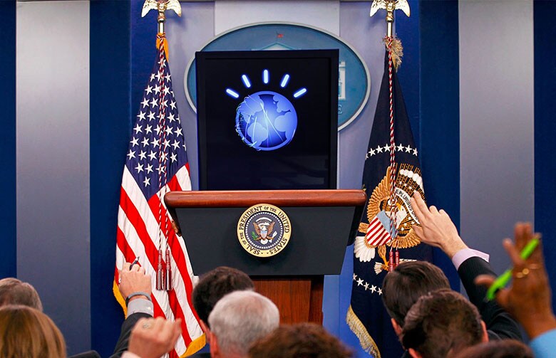 AIが大統領になったら記者会見はこんな感じかも　出典：http://watson2016.com/