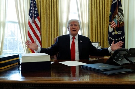 　１２月２８日、トランプ米大統領は、ツイッターで、中国が北朝鮮に対する石油供給を容認していることに「非常に失望した」とし、こうした行動は北朝鮮の核問題の平和的な解決を阻害するとの考えを示した。２２日撮影（２０１７年　ロイター／Jonathan Ernst）